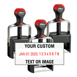 various Shiny brand heavy duty self-inking date, number, and custom text stamps